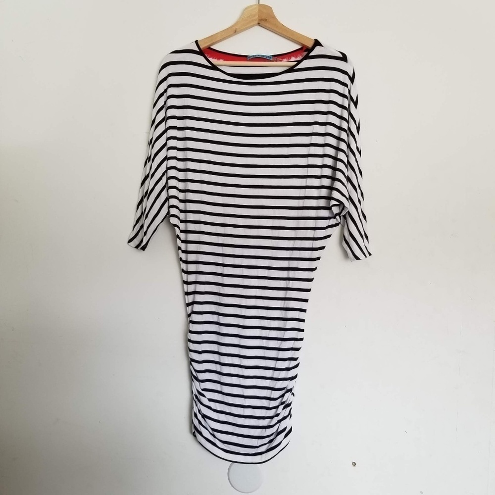 Alice + Olivia Black & White Stripe 3/4 Sleeve Ruched Mini Dress Size Small